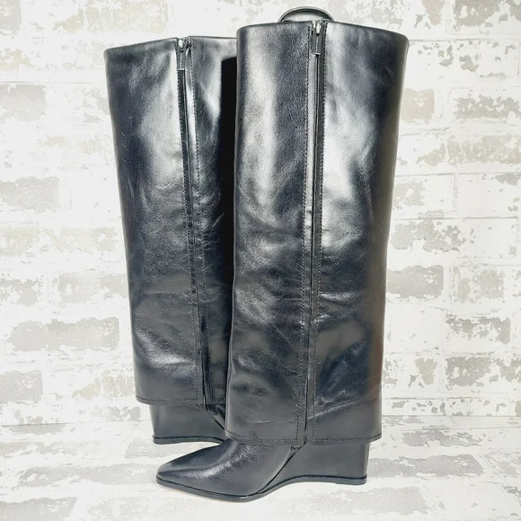 New Vince Camuto Tibani Black Leather Foldover Shaft Knee High Boot B359 - Picture 4 of 11